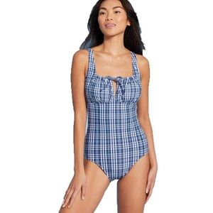 Kona Sol  High Coverage One Piece Swimsuit Blue Check Plaid Sewn-in Cups